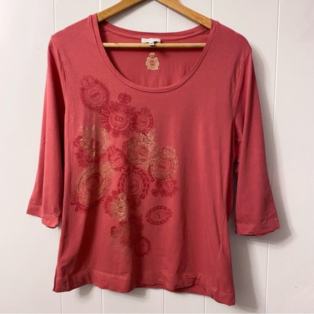 Escada Sport Pink 3/4 Sleeve Top Soft Graphic Tee Shirt Logo Gold Metallic